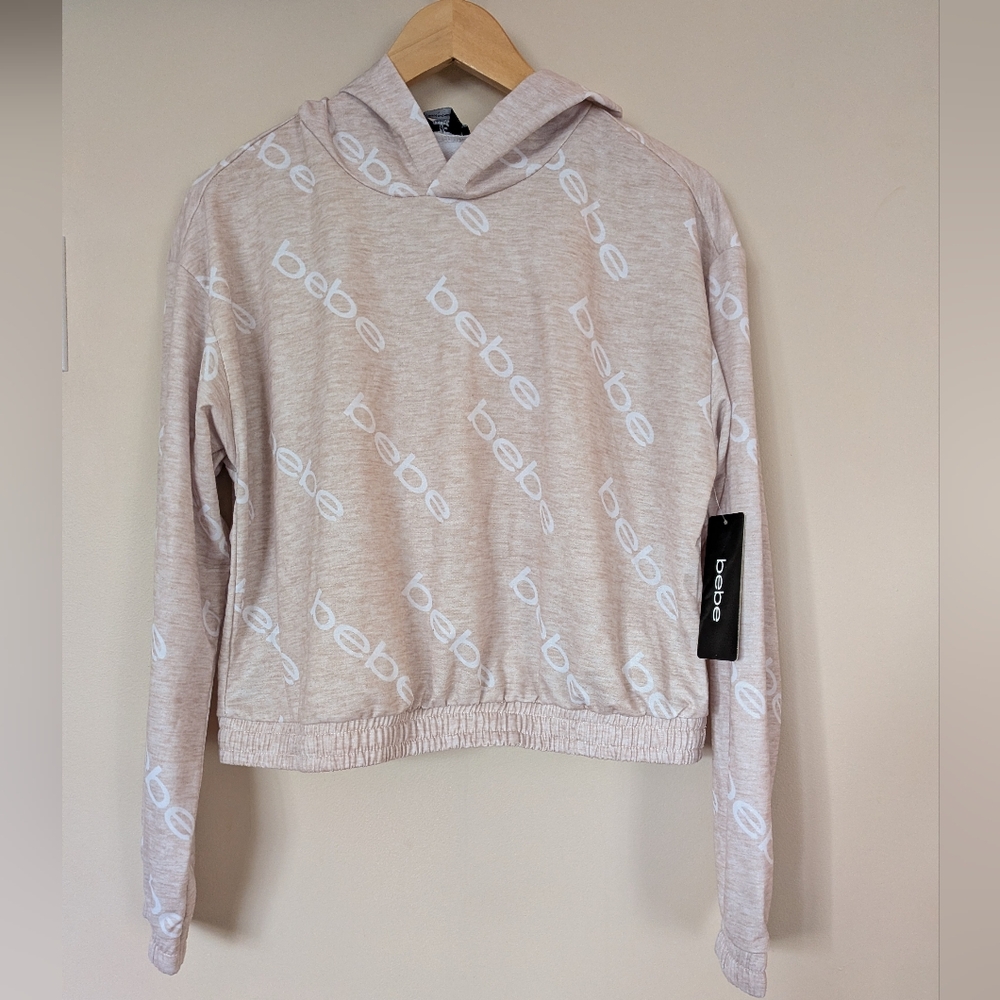 NWT Bebe Cream And White Hooded Crop Top - Large